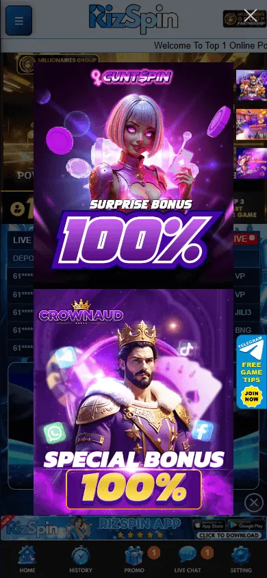 Rizspin Casino games area on a mobile browser
