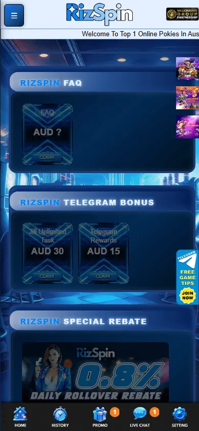 Rizspin Casino promotions area on a mobile browser