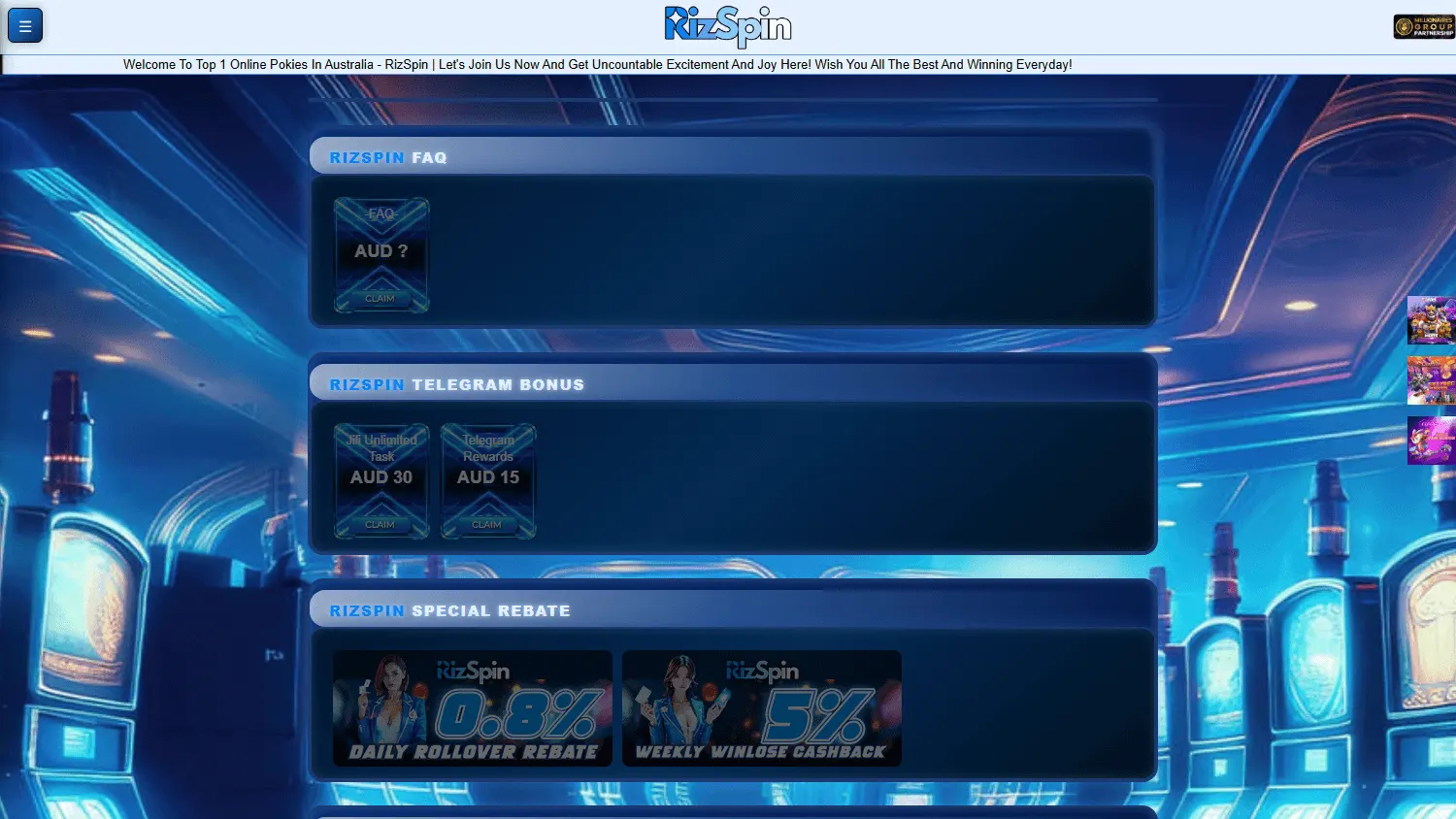 Rizspin Casino promotions area on desktop