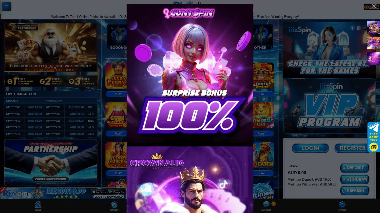 Rizspin Casino home page on desktop