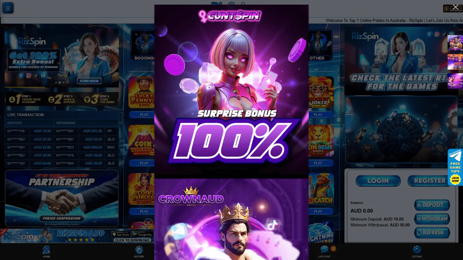 Rizspin Casino games area on desktop